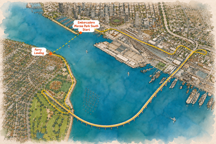 Illustrated map showing a ferry route across a blue bay between two city docks.