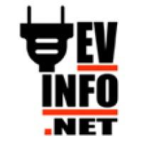Logo with a black electric plug and the text "EV INFO .NET" in black and red.